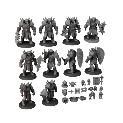 Orc Warrior Miniature modular kit 3D model preview showing silhouette, top-down kitbash view, pose and resin detail