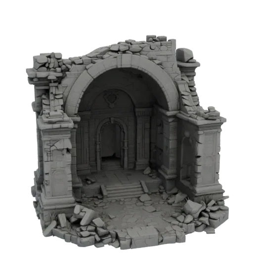 Abandoned Shrine Ruins Printable 3D model, isometric tabletop STL render, showing aged stone, built remnants.