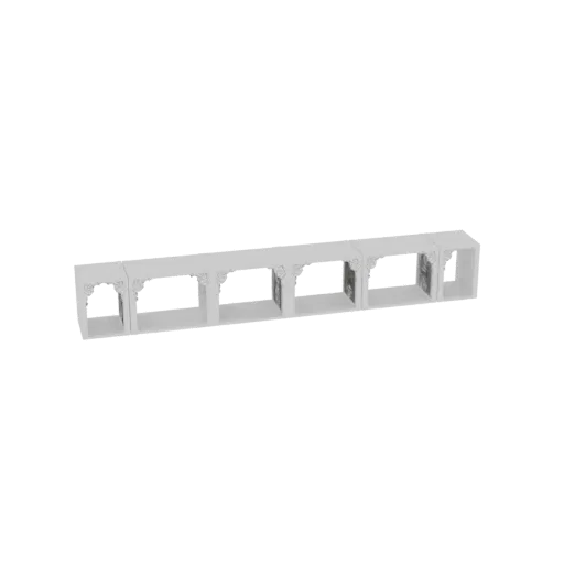 3D model of a white, ornate archway shelf with five connected sections, featuring decorative carvings on each arch.