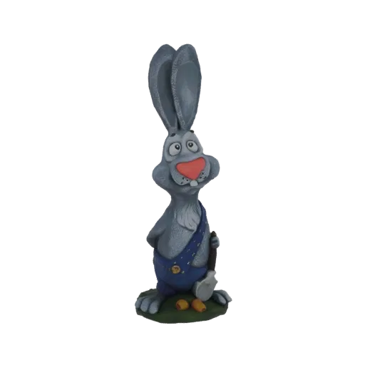 3D model of a cartoonish grey bunny wearing blue overalls and holding a shovel, standing on grass with carrots.