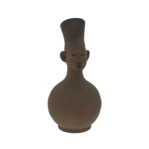 3D model of an ancient ceramic figure with a bulbous body, stylized face, and a tall, flat-topped headdress, presented agains