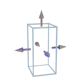 Render 3D de una escultura geométrica abstracta con un marco azul translúcido y tres flechas texturizadas en marrón y azul ap