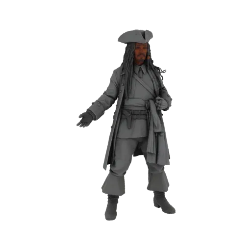 Modelo 3D del Capitán Jack Sparrow con su icónico atuendo pirata, de pie con una mano extendida.