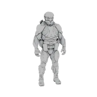 Modelo 3D de um soldado sci-fi em armadura de combate avançada, em pose neutra contra um fundo branco.