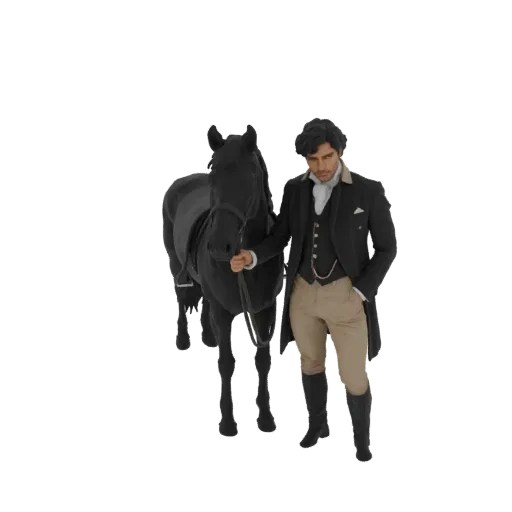 Modelo 3D de um cavalheiro vitoriano em casaca preta e calções cor de caramelo, segurando as rédeas de um cavalo negro.
