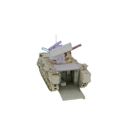 3D model of a tan-colored modern military vehicle with a detailed missile launcher turret and an open rear compartment.