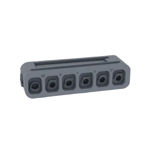 A gray 3D model of a rectangular cable management tool with six circular holes, each marked with a symbol.