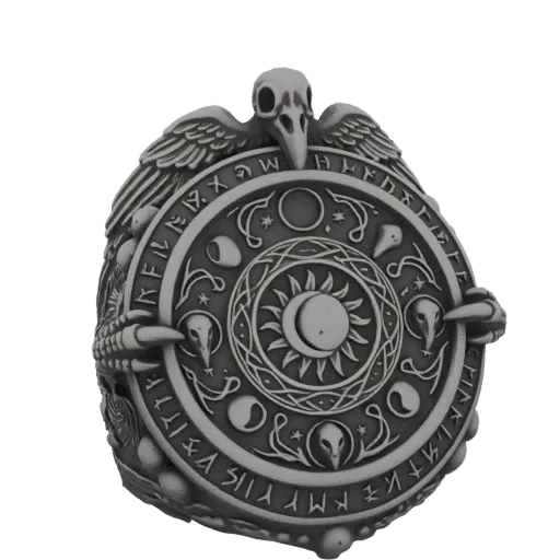 3D model of a circular celestial amulet with a raven, sun, moon, phases, stars, runes, and raven skulls.