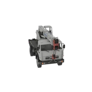 Modèle 3D d'une grue mobile KS-35719, vu d'une perspective légèrement surélevée avant-droite sur fond blanc.