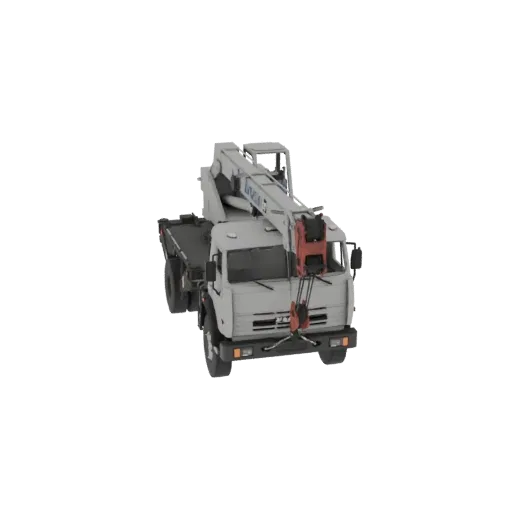 Modelo 3D de un camión grúa móvil KS-35719, mostrado desde una perspectiva ligeramente elevada frontal derecha contra un fond