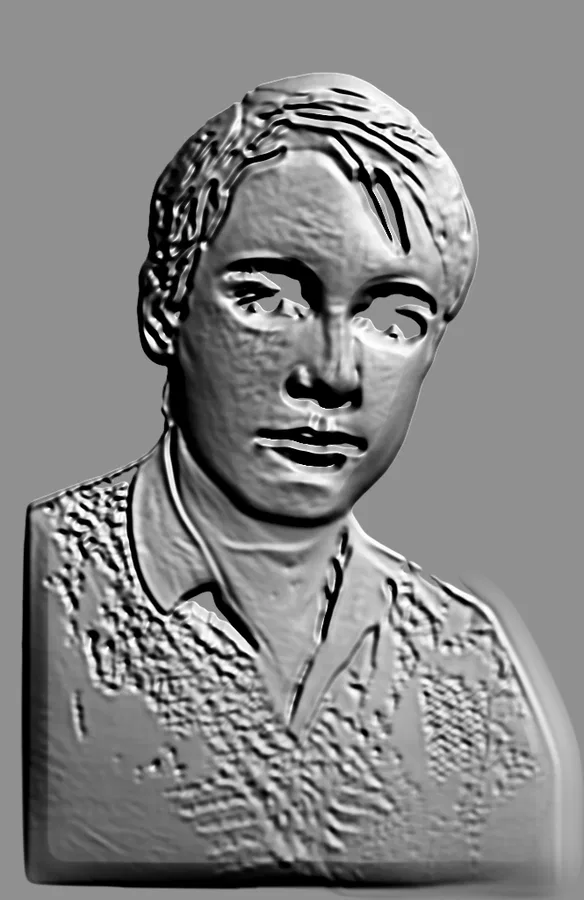 3D model of a young man in a shirt bas-relief, sculpted style, with detailed facial features and clothing texture.