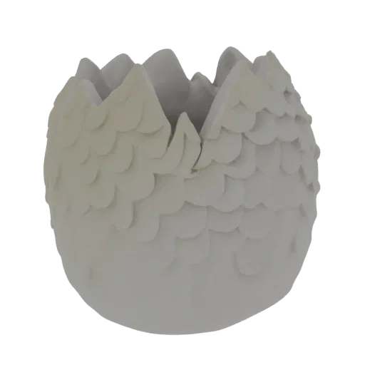 A 3D render of a pale gray, egg-shaped planter covered in detailed, overlapping dragon scales, with an open top.