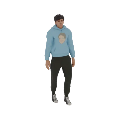 3D model of a young man wearing a light blue hoodie with a cartoon face, dark pants, and sneakers, standing against a black b