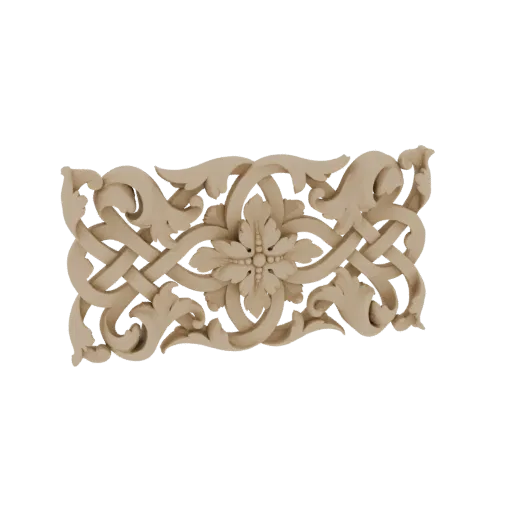 A 3D render of an ornate wooden panel with intricate scrollwork, acanthus leaves, and a central floral design, presented on a