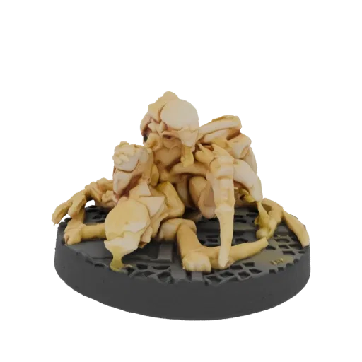 3D model of a pale, multi-limbed alien arachnid creature with reddish-brown accents, posed on a textured circular base.