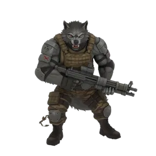 Modèle 3D d'un soldat loup anthropomorphe en tenue tactique, tenant un fusil d'assaut, avec une expression grimaçante.