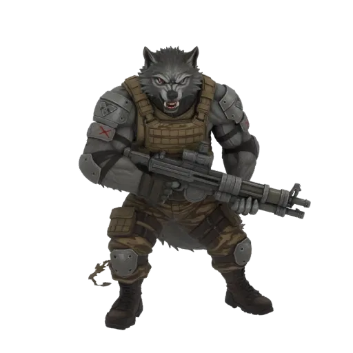 Modelo 3D de um soldado lobo antropomórfico em equipamento tático, segurando um rifle de assalto, com expressão de rosnado.