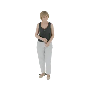 Modelo 3D de mulher com cabelo loiro, vestindo um top sem mangas escuro e calças claras, em pé com as mãos entrelaçadas.