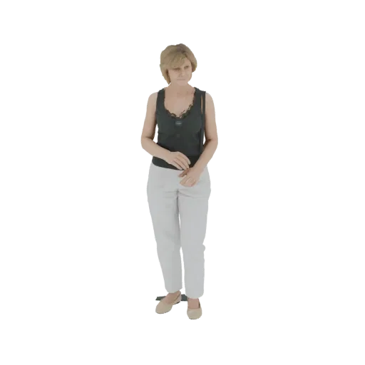 Modelo 3D de mujer con cabello rubio, vistiendo un top sin mangas oscuro y pantalones claros, de pie con las manos entrelazad