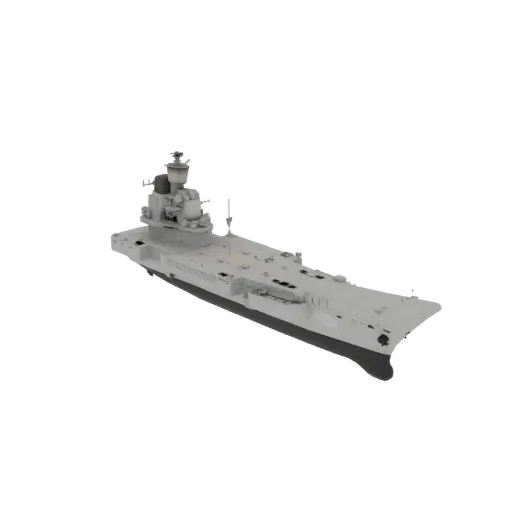 3D model of a modern aircraft carrier, viewed from a three-quarter angle, showcasing its long flight deck and island structur