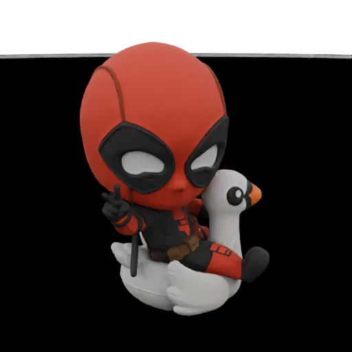 Modelo 3D de Deadpool estilo chibi con traje rojo y negro, montado en flotador de cisne y haciendo la señal de la paz.