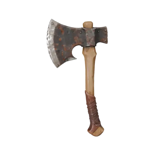 Rusted Axe Prop Stylized 3D model, stylized isometric render, showing worn metal, readable prop silhouette.