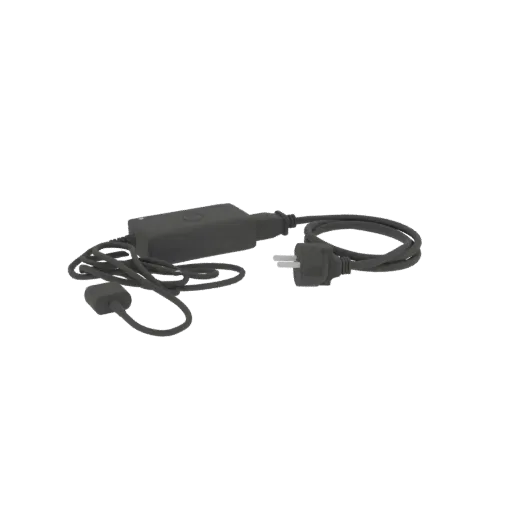 3D model of a black power adapter with a coiled cable and a European-style plug, shown on a white background.