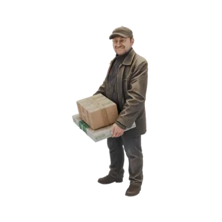 3D model of a smiling delivery man in a brown jacket and cap, holding two cardboard packages.