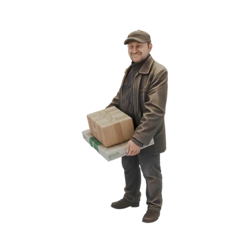 Modello 3D di un uomo delle consegne sorridente in giacca e berretto marroni, con due pacchi di cartone.