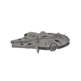 A 3D render of the Millennium Falcon spaceship, viewed from a side-angle, against a white background.