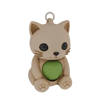 Modelo 3D de un gato de dibujos animados tierno, marrón claro, sentado con un orbe verde brillante en el pecho, sobre un fond
