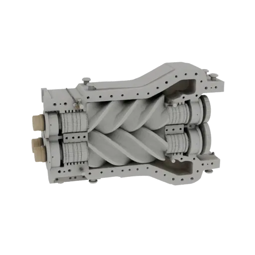 3D model of a twin-screw compressor assembly, shown in cross-section, revealing internal helical rotors and housing.