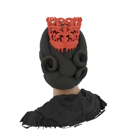 Modelo 3D de corona roja ornamentada sobre peinado negro detallado con secciones rizadas.
