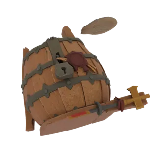 3D model of a wooden fantasy barrel with a locked padlock, a wax seal, and a sword attached to its side.