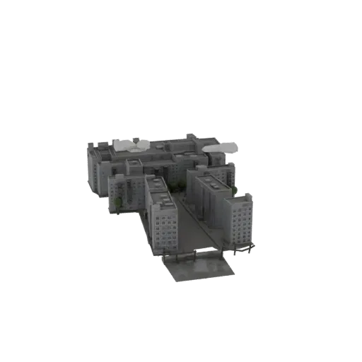 Modelo 3D de un complejo de bloques de apartamentos modernos con múltiples edificios interconectados y un patio central.