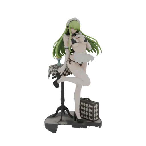 3D model of C.C. from Code Geass in a maid outfit, posing with a table and suitcase.