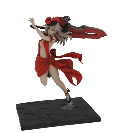 3D model of a female warrior in a red dress with a large sword and red bow, standing on a stone base.