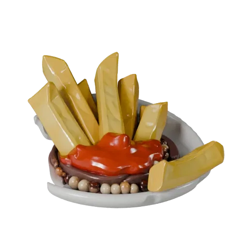 French Fries 3D model, three-quarter front view, Unity viewport, showing sauces, plated composition.