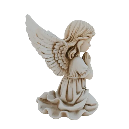 3D model of a young angel kneeling with hands clasped in prayer, delicate wings spread, rendered in a light, stone-like mater