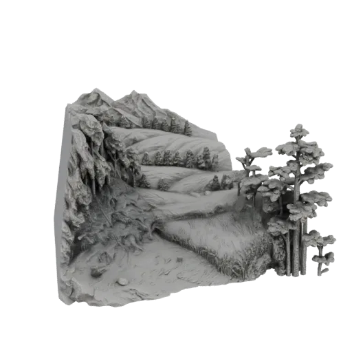 3D model of an alpine mountain pass with rocky cliffs, pine trees, and distant peaks.