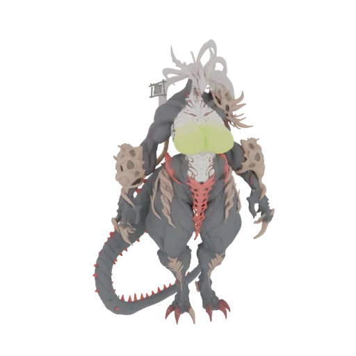 Render 3D di una dragonessa demoniaca con scaglie grigio scuro, artigli affilati, coda lunga e spinosa, e armatura intricata con accenti bioluminescenti verde lime.