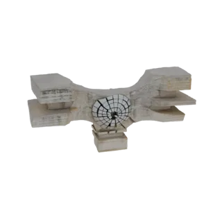 A 3D model of a futuristic architectural structure with a central spiral detail, rendered in a concrete-like texture.