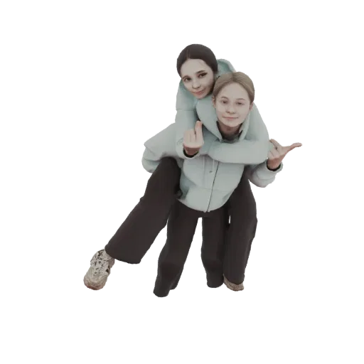 Modello 3D di due giovani donne in posa cavalcata, entrambe sorridenti, con quella sopra che alza giocosamente il dito medio.
