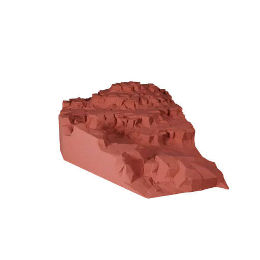 Red Rock Canyon Biome Low Poly 3D model, game viewport three-quarter view, showing terrain layers, dune ridges.