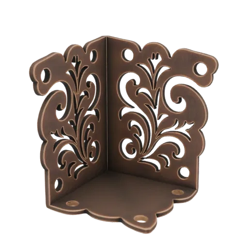 3D model of an ornate corner protector with intricate floral filigree and an antique bronze finish, shown from an angled pers