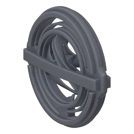 A detailed 3D render of a gray, intricate geometric orb sculpture with multiple concentric rings and a complex internal latti
