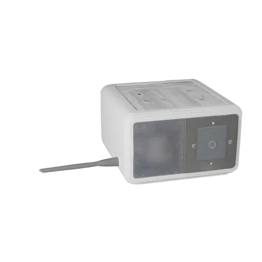 Thermostat 3D model, three-quarter front view, AR viewer studio render, showing white plastic, key form detail.
