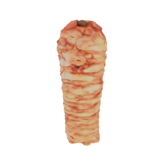 Modèle 3D de viande de shawarma verticale avec couches de viande assaisonnée et rôtie, et garniture foncée sur le dessus.