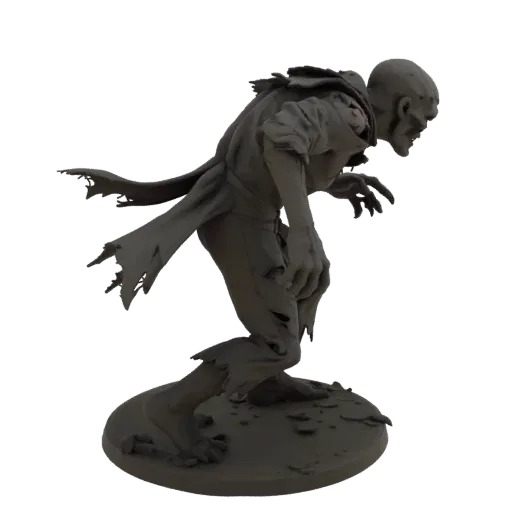 Figurine STL de zombie Goldcrest Dark Fantasy, rendu sur table à trois quarts, figurine ennemie imprimable en résine avec tis