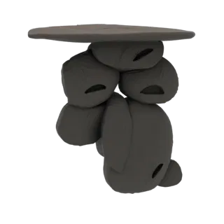 3D model of a stone dolmen with carved faces, resting on rough-hewn stones, with a large capstone.